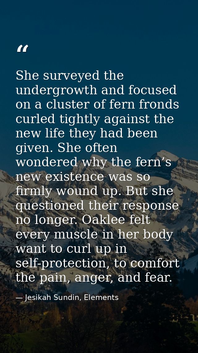She surveyed the undergrowth and focused on a cluster of fern fronds curled tightly against the new life they had been g — Jesikah Sundin, Elements
