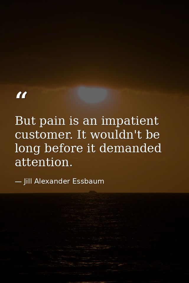 But pain is an impatient customer. It wouldn't be long before it demanded attention. — Jill Alexander Essbaum