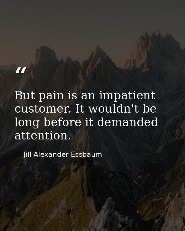 But pain is an impatient customer. It wouldn't be long before it demanded attention. — Jill Alexander Essbaum