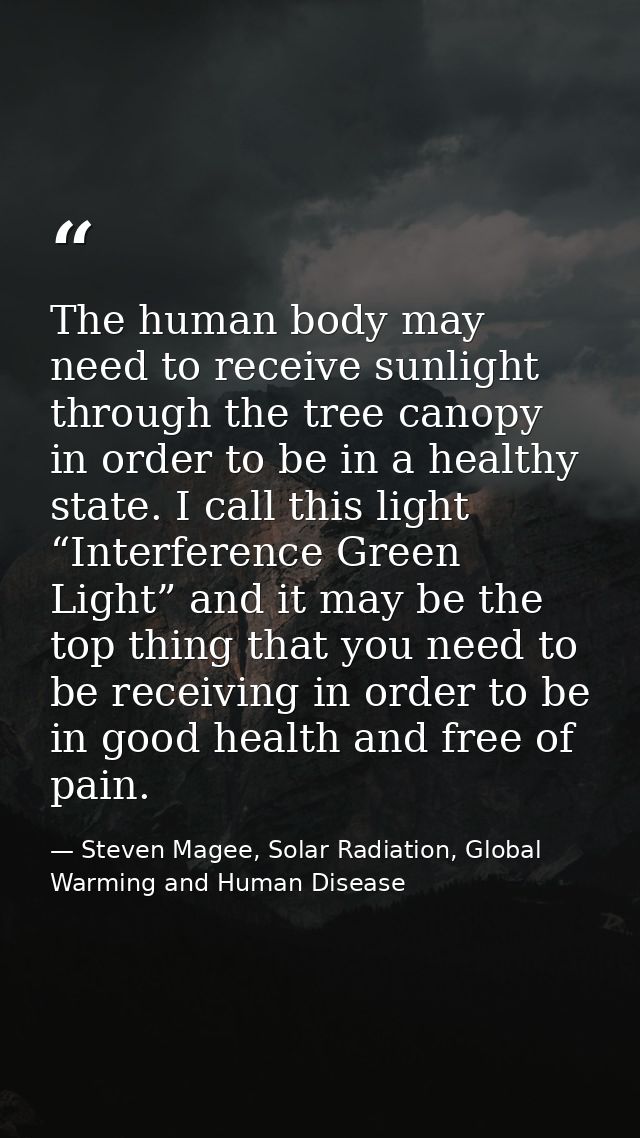 The human body may need to receive sunlight through the tree canopy in order to be in a healthy state. I call this light — Steven Magee, Solar Radiation, Global Warming and Human Disease