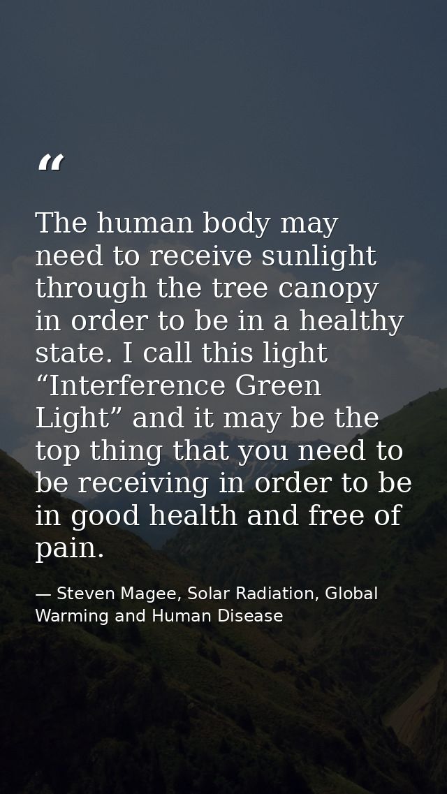The human body may need to receive sunlight through the tree canopy in order to be in a healthy state. I call this light — Steven Magee, Solar Radiation, Global Warming and Human Disease