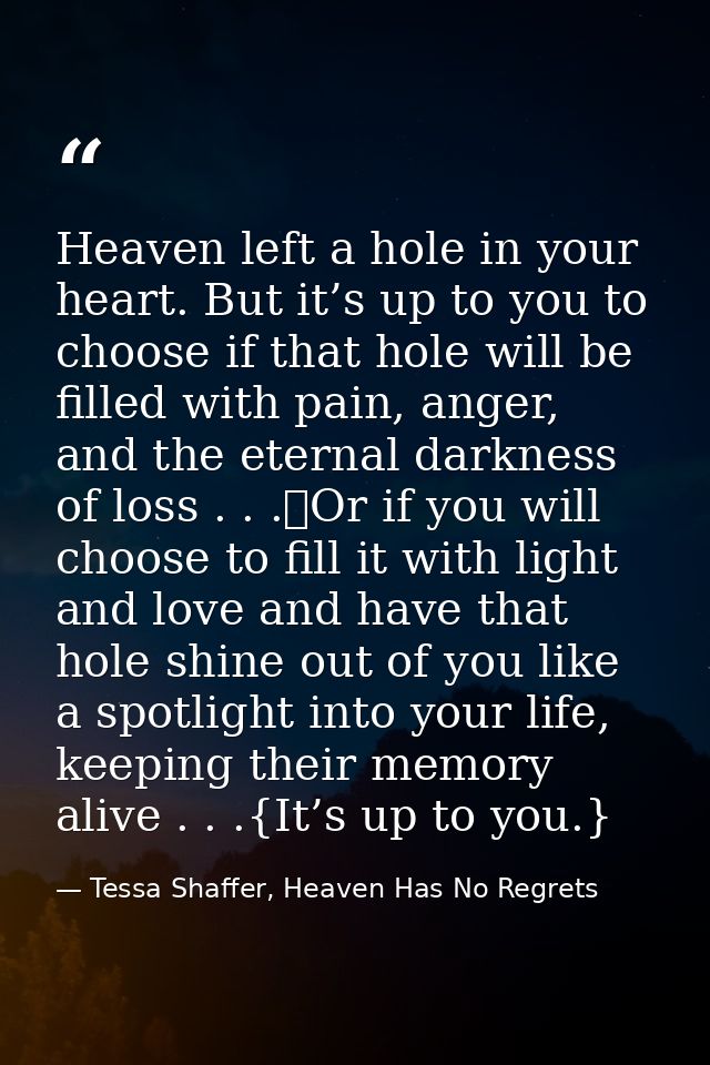 Heaven left a hole in your heart. But it’s up to you to choose if that hole will be filled with pain, anger, and the ete — Tessa Shaffer, Heaven Has No Regrets