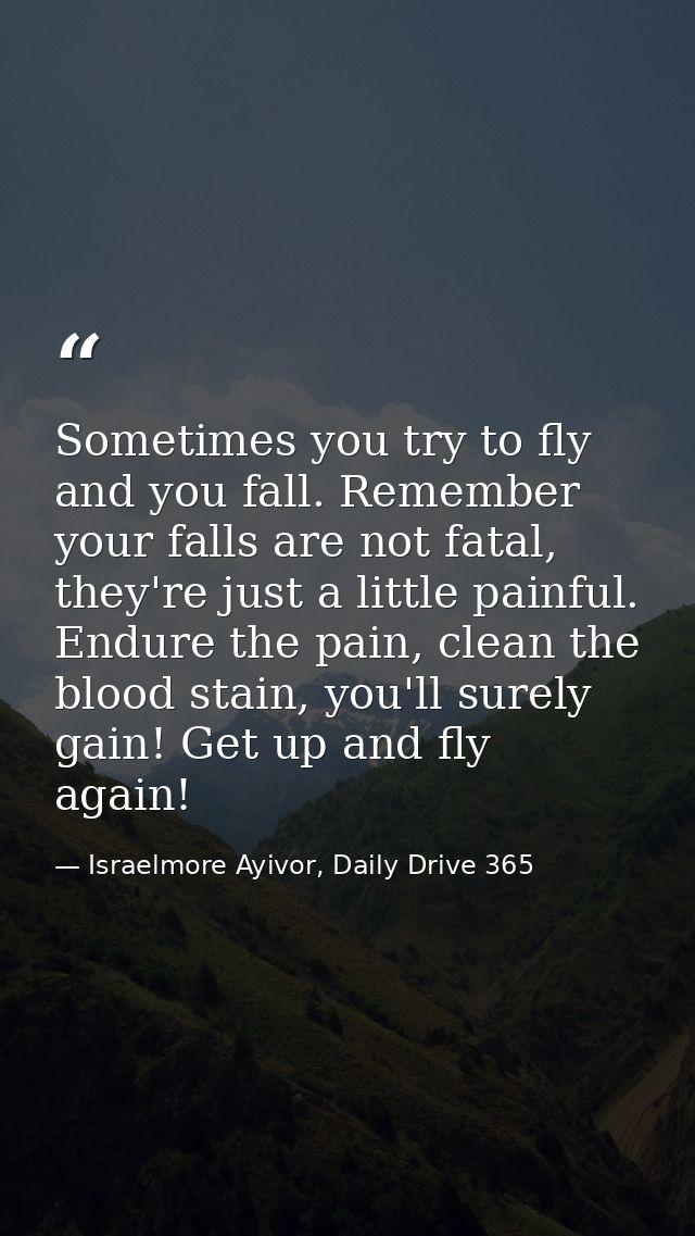 Sometimes you try to fly and you fall. Remember your falls are not fatal, they're just a little painful. Endure the pain — Israelmore Ayivor, Daily Drive 365