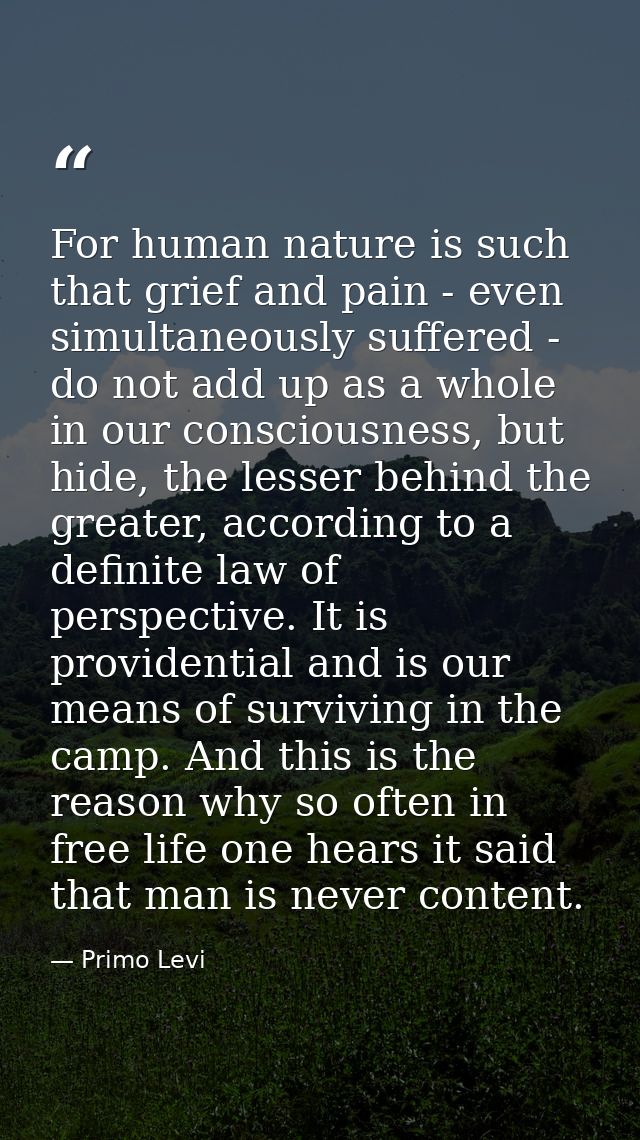 For human nature is such that grief and pain - even simultaneously suffered - do not add up as a whole in our consciousn — Primo Levi