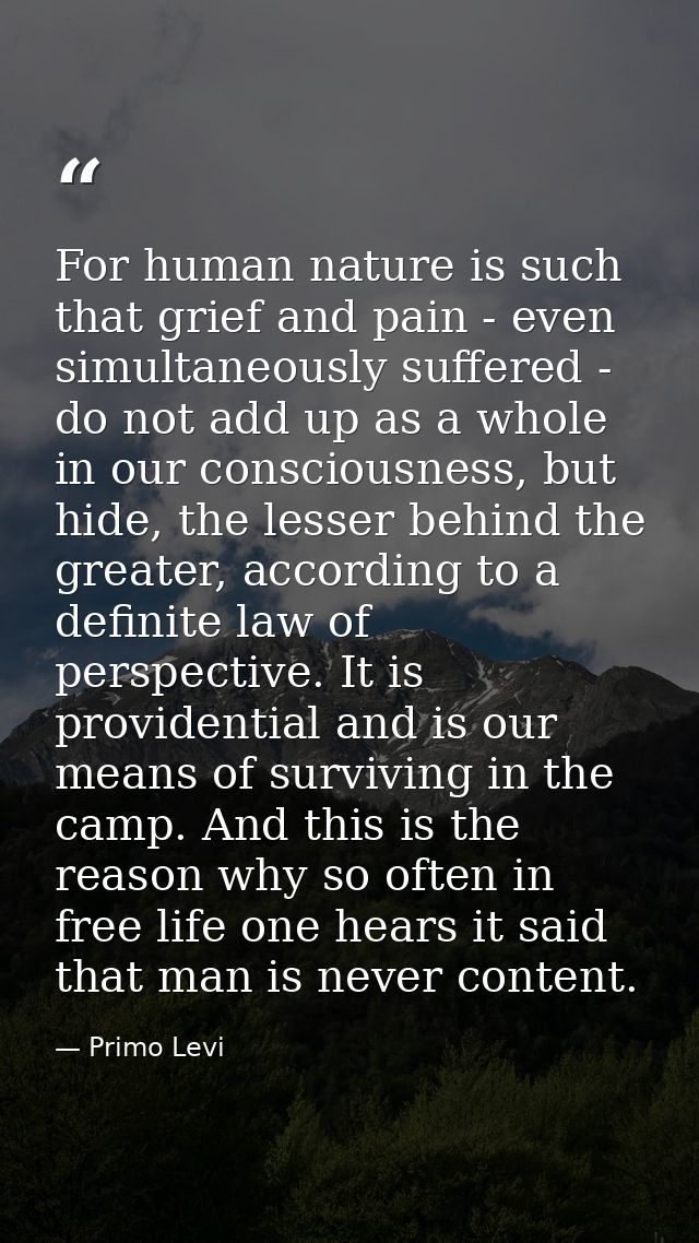 For human nature is such that grief and pain - even simultaneously suffered - do not add up as a whole in our consciousn — Primo Levi