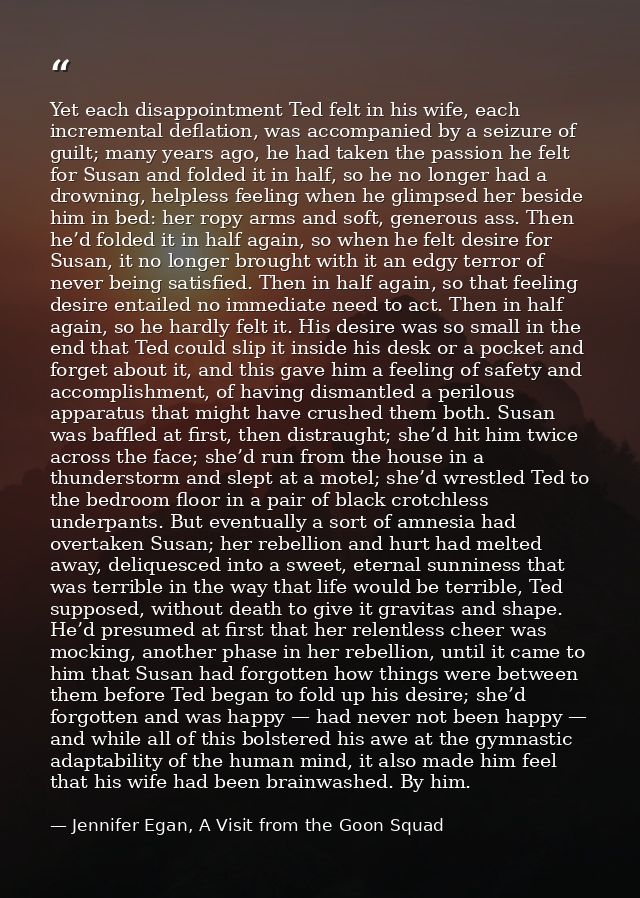 Yet each disappointment Ted felt in his wife, each incremental deflation, was accompanied by a seizure of guilt; many ye — Jennifer Egan, A Visit from the Goon Squad