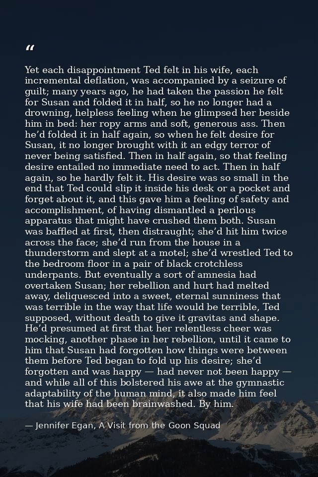 Yet each disappointment Ted felt in his wife, each incremental deflation, was accompanied by a seizure of guilt; many ye — Jennifer Egan, A Visit from the Goon Squad