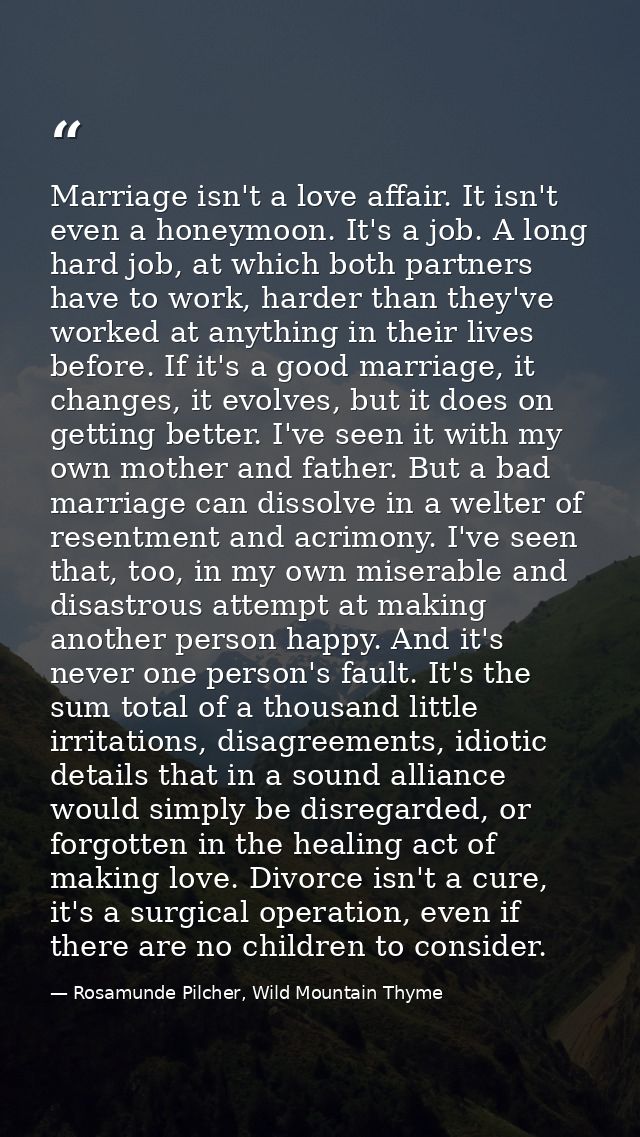 Marriage isn't a love affair. It isn't even a honeymoon. It's a job. A long hard job, at which both partners have to wor — Rosamunde Pilcher, Wild Mountain Thyme