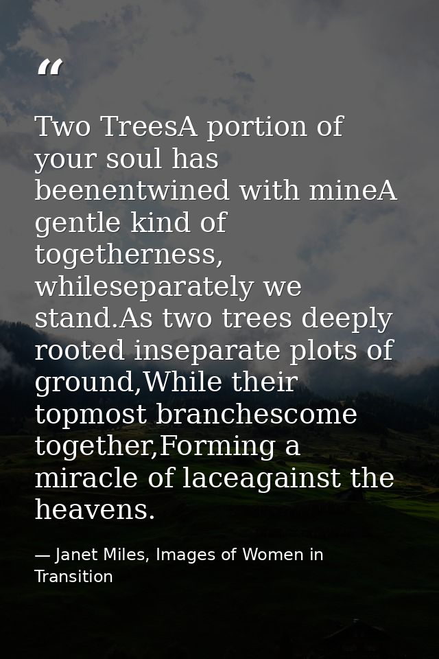 Two TreesA portion of your soul has beenentwined with mineA gentle kind of togetherness, whileseparately we stand.As two — Janet Miles, Images of Women in Transition