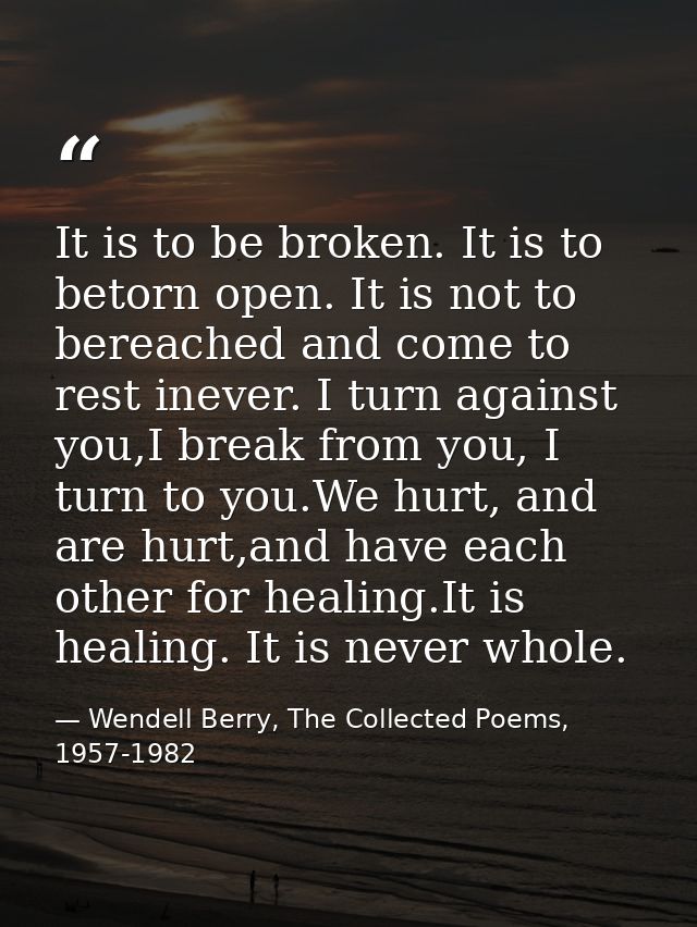 It is to be broken. It is to betorn open. It is not to bereached and come to rest inever. I turn against you,I break fro — Wendell Berry, The Collected Poems, 1957-1982