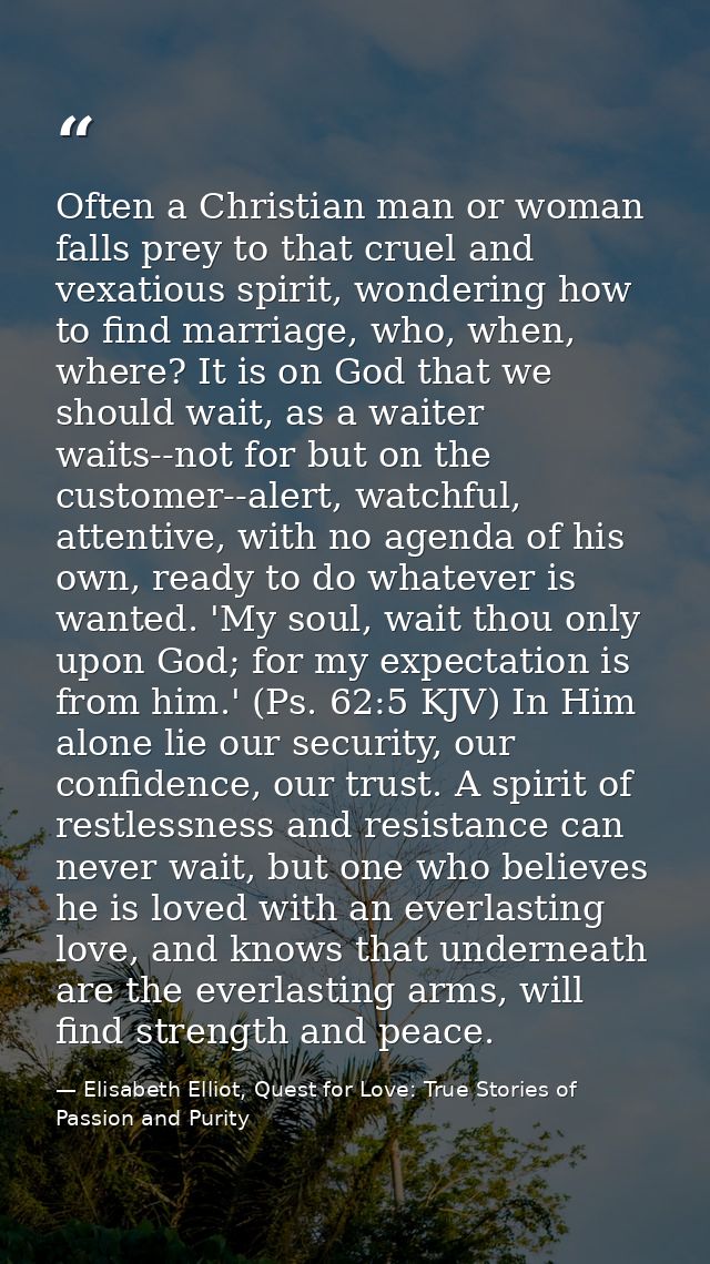 Often a Christian man or woman falls prey to that cruel and vexatious spirit, wondering how to find marriage, who, when, — Elisabeth Elliot, Quest for Love: True Stories of Passion and Purity