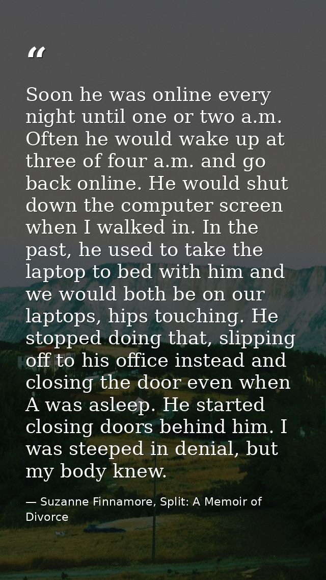 Soon he was online every night until one or two a.m. Often he would wake up at three of four a.m. and go back online. He — Suzanne Finnamore, Split: A Memoir of Divorce