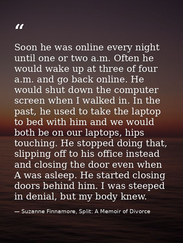 Soon he was online every night until one or two a.m. Often he would wake up at three of four a.m. and go back online. He — Suzanne Finnamore, Split: A Memoir of Divorce