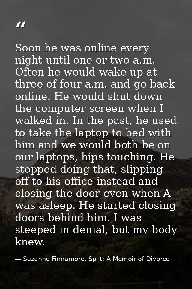 Soon he was online every night until one or two a.m. Often he would wake up at three of four a.m. and go back online. He — Suzanne Finnamore, Split: A Memoir of Divorce