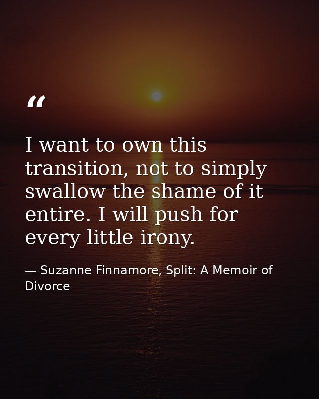 I want to own this transition, not to simply swallow the shame of it entire. I will push for every little irony. — Suzanne Finnamore, Split: A Memoir of Divorce