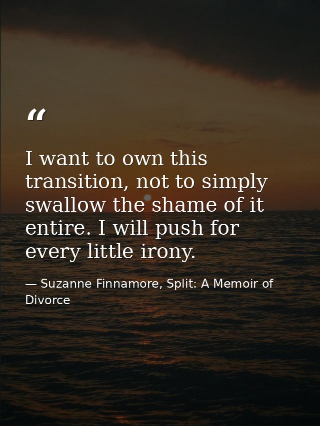I want to own this transition, not to simply swallow the shame of it entire. I will push for every little irony. — Suzanne Finnamore, Split: A Memoir of Divorce