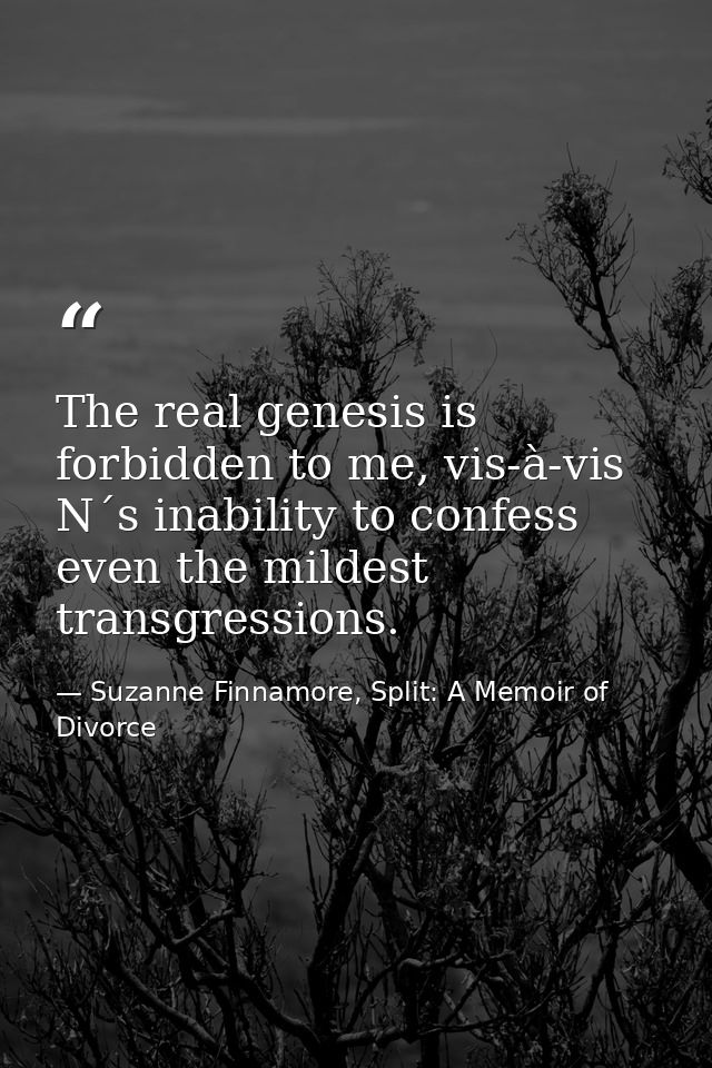The real genesis is forbidden to me, vis-à-vis N´s inability to confess even the mildest transgressions. — Suzanne Finnamore, Split: A Memoir of Divorce