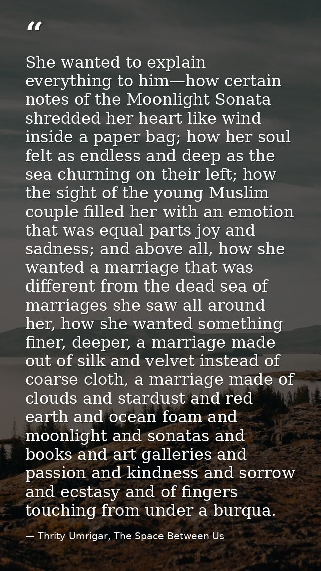 She wanted to explain everything to him—how certain notes of the Moonlight Sonata shredded her heart like wind inside a  — Thrity Umrigar, The Space Between Us