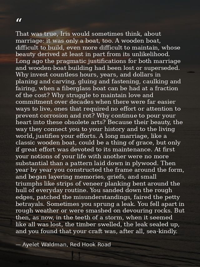 That was true, Iris would sometimes think, about marriage: it was only a boat, too. A wooden boat, difficult to build, e — Ayelet Waldman, Red Hook Road