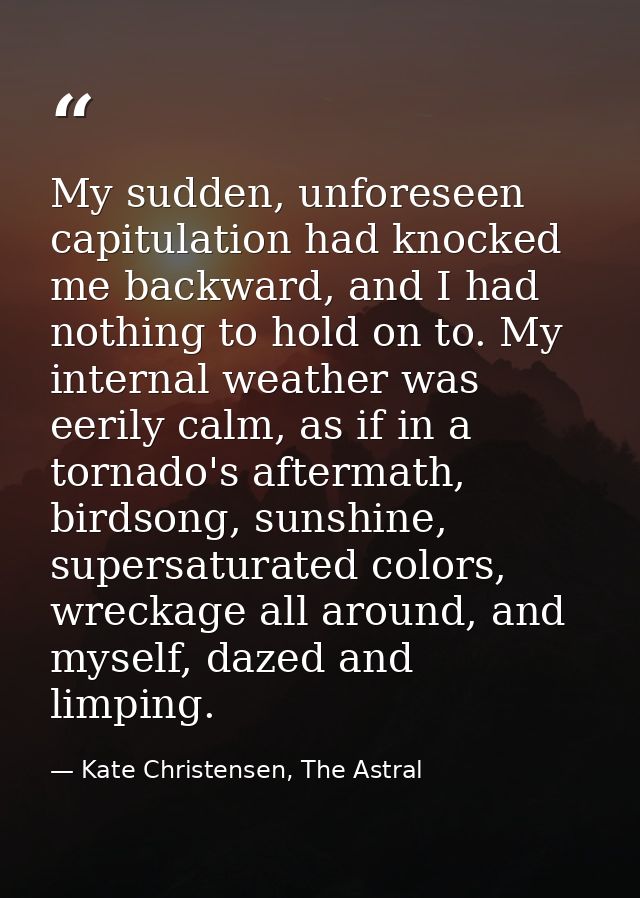 My sudden, unforeseen capitulation had knocked me backward, and I had nothing to hold on to. My internal weather was eer — Kate Christensen, The Astral