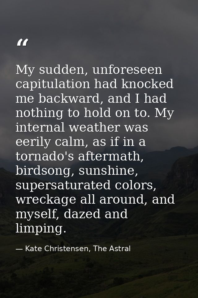 My sudden, unforeseen capitulation had knocked me backward, and I had nothing to hold on to. My internal weather was eer — Kate Christensen, The Astral