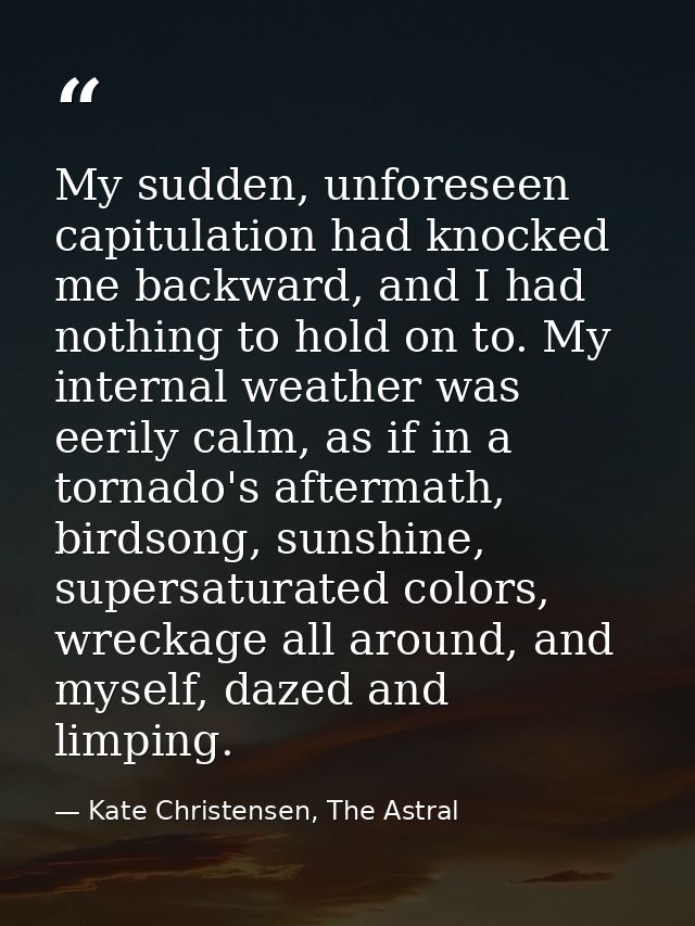 My sudden, unforeseen capitulation had knocked me backward, and I had nothing to hold on to. My internal weather was eer — Kate Christensen, The Astral
