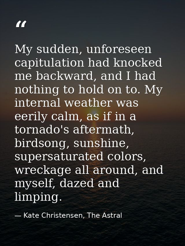My sudden, unforeseen capitulation had knocked me backward, and I had nothing to hold on to. My internal weather was eer — Kate Christensen, The Astral
