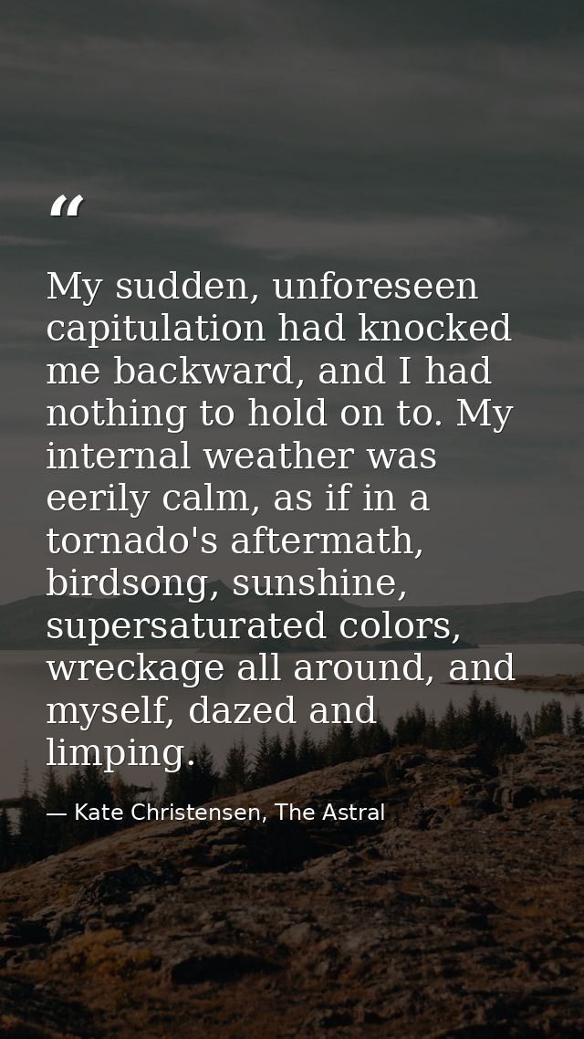 My sudden, unforeseen capitulation had knocked me backward, and I had nothing to hold on to. My internal weather was eer — Kate Christensen, The Astral