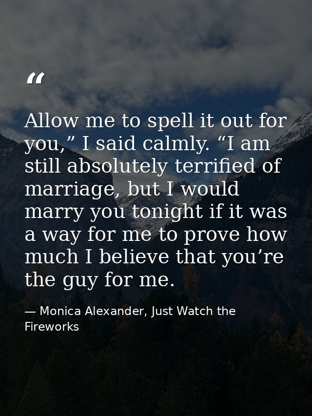 Allow me to spell it out for you,” I said calmly. “I am still absolutely terrified of marriage, but I would marry you to — Monica Alexander, Just Watch the Fireworks