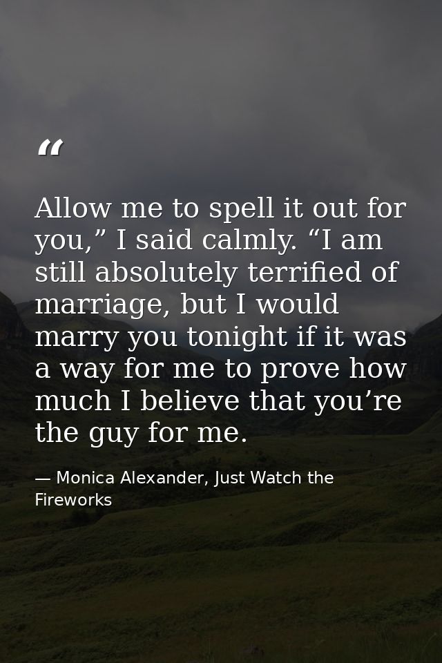 Allow me to spell it out for you,” I said calmly. “I am still absolutely terrified of marriage, but I would marry you to — Monica Alexander, Just Watch the Fireworks