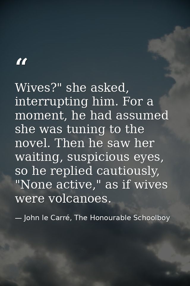 Wives?" she asked, interrupting him. For a moment, he had assumed she was tuning to the novel. Then he saw her waiting,  — John le Carré, The Honourable Schoolboy