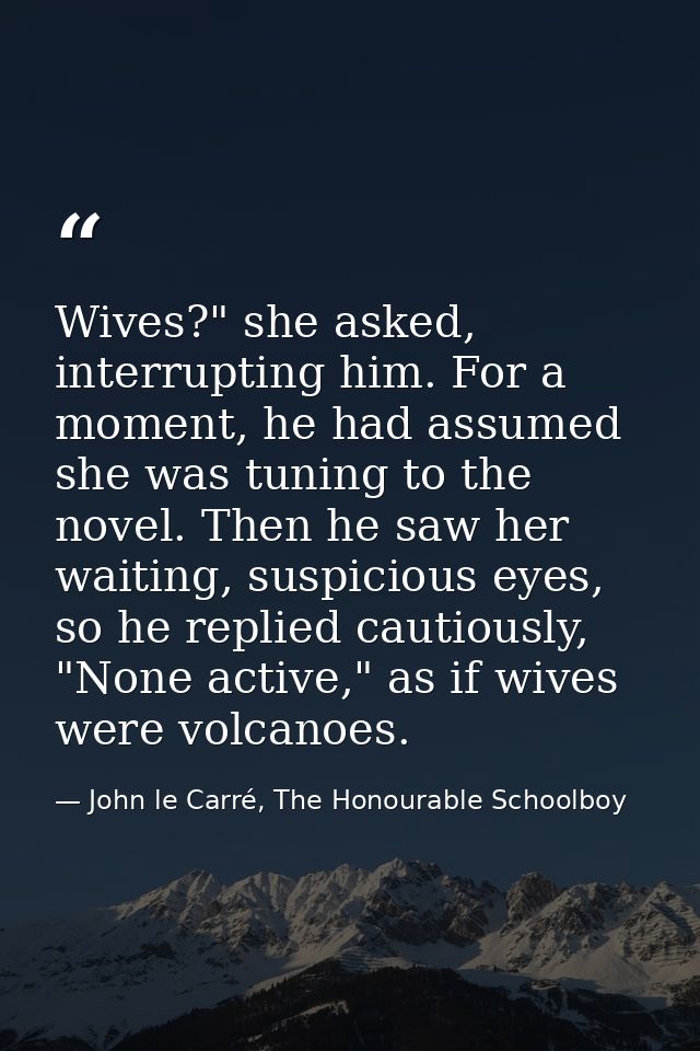 Wives?" she asked, interrupting him. For a moment, he had assumed she was tuning to the novel. Then he saw her waiting,  — John le Carré, The Honourable Schoolboy
