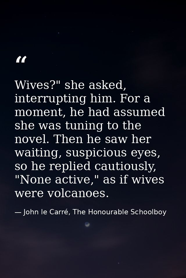 Wives?" she asked, interrupting him. For a moment, he had assumed she was tuning to the novel. Then he saw her waiting,  — John le Carré, The Honourable Schoolboy