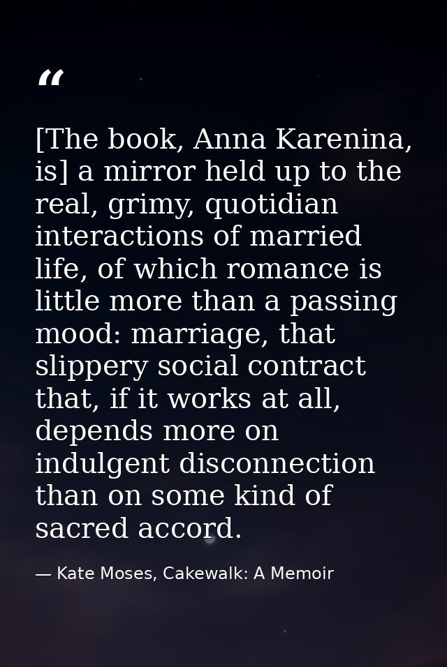 [The book, Anna Karenina, is] a mirror held up to the real, grimy, quotidian interactions of married life, of which roma — Kate Moses, Cakewalk: A Memoir