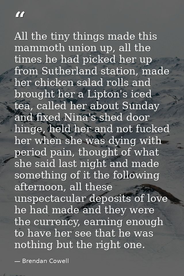 All the tiny things made this mammoth union up, all the times he had picked her up from Sutherland station, made her chi — Brendan Cowell