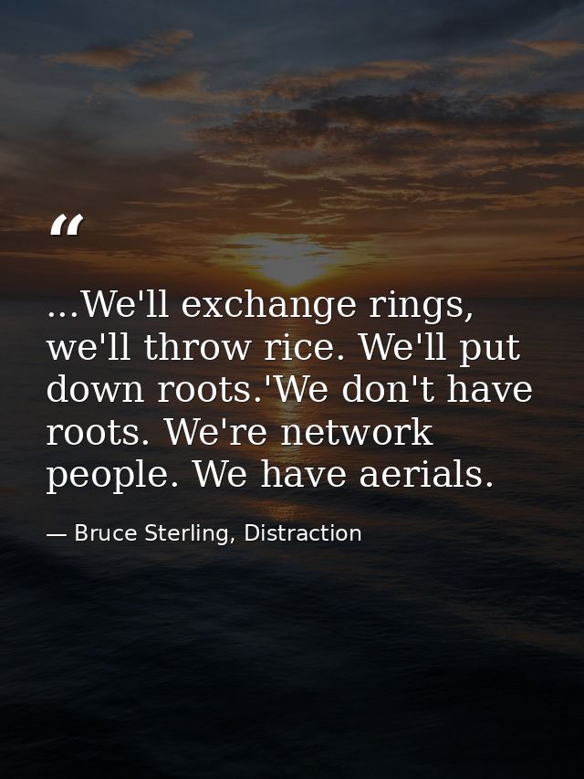 ...We'll exchange rings, we'll throw rice. We'll put down roots.'We don't have roots. We're network people. We have aeri — Bruce Sterling, Distraction