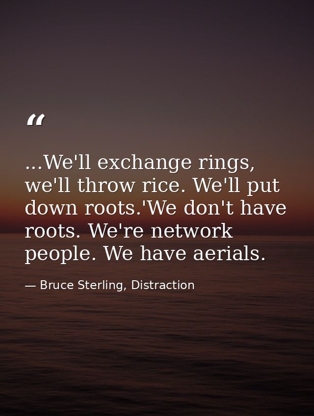 ...We'll exchange rings, we'll throw rice. We'll put down roots.'We don't have roots. We're network people. We have aeri — Bruce Sterling, Distraction