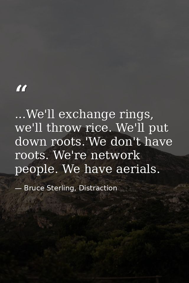 ...We'll exchange rings, we'll throw rice. We'll put down roots.'We don't have roots. We're network people. We have aeri — Bruce Sterling, Distraction