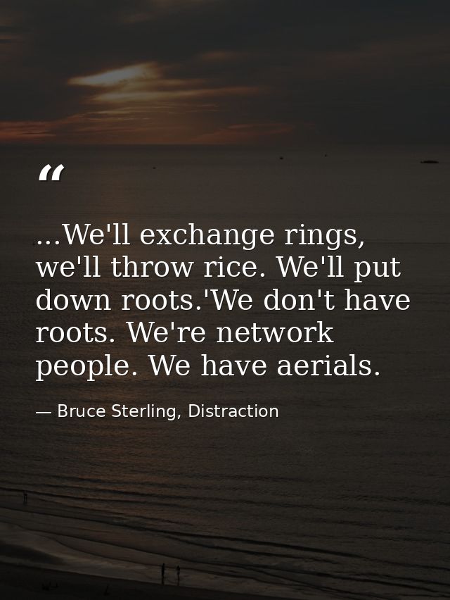 ...We'll exchange rings, we'll throw rice. We'll put down roots.'We don't have roots. We're network people. We have aeri — Bruce Sterling, Distraction