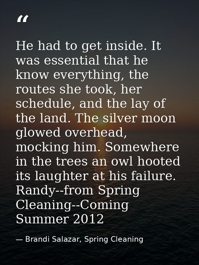 He had to get inside. It was essential that he know everything, the routes she took, her schedule, and the lay of the la — Brandi Salazar, Spring Cleaning