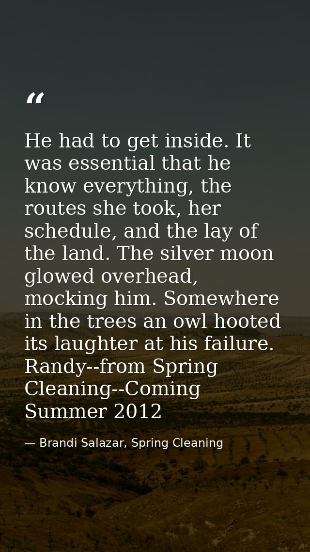 He had to get inside. It was essential that he know everything, the routes she took, her schedule, and the lay of the la — Brandi Salazar, Spring Cleaning