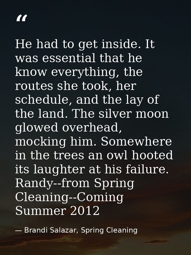 He had to get inside. It was essential that he know everything, the routes she took, her schedule, and the lay of the la — Brandi Salazar, Spring Cleaning