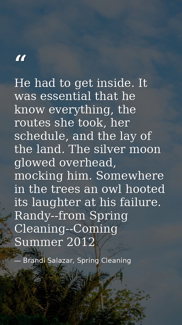 He had to get inside. It was essential that he know everything, the routes she took, her schedule, and the lay of the la — Brandi Salazar, Spring Cleaning