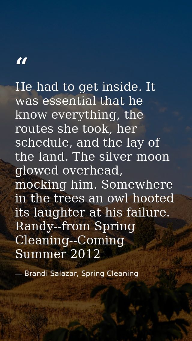 He had to get inside. It was essential that he know everything, the routes she took, her schedule, and the lay of the la — Brandi Salazar, Spring Cleaning