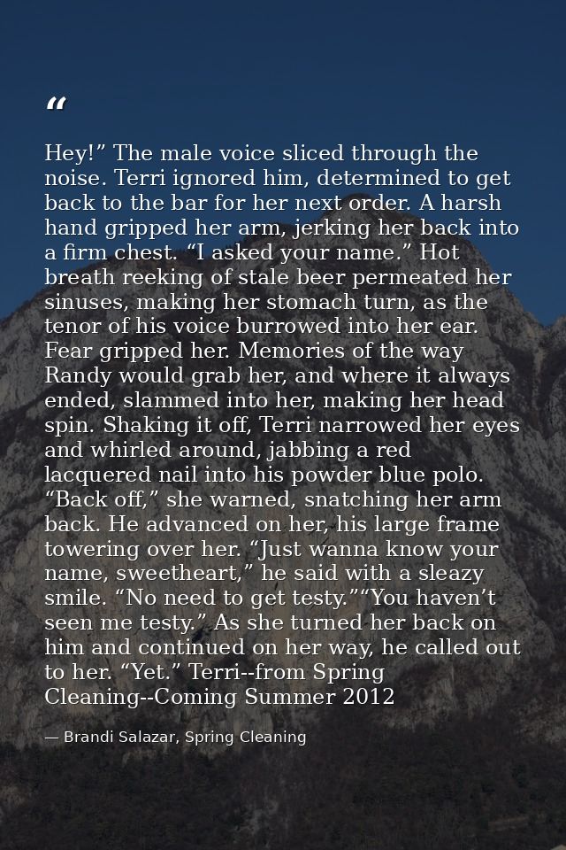 Hey!” The male voice sliced through the noise. Terri ignored him, determined to get back to the bar for her next order.  — Brandi Salazar, Spring Cleaning