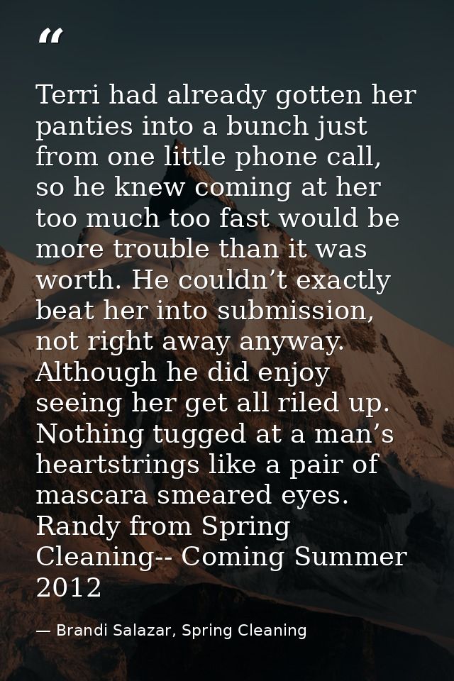 Terri had already gotten her panties into a bunch just from one little phone call, so he knew coming at her too much too — Brandi Salazar, Spring Cleaning