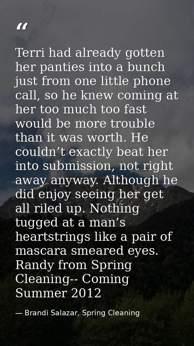 Terri had already gotten her panties into a bunch just from one little phone call, so he knew coming at her too much too — Brandi Salazar, Spring Cleaning