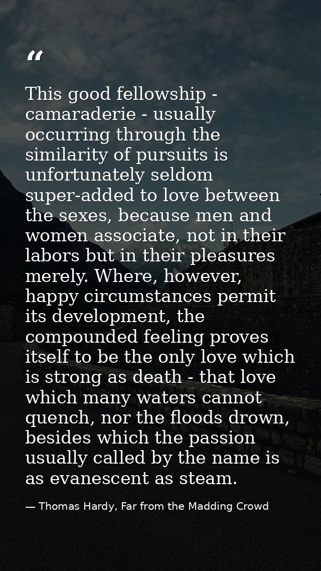 This good fellowship - camaraderie - usually occurring through the similarity of pursuits is unfortunately seldom super- — Thomas Hardy, Far from the Madding Crowd