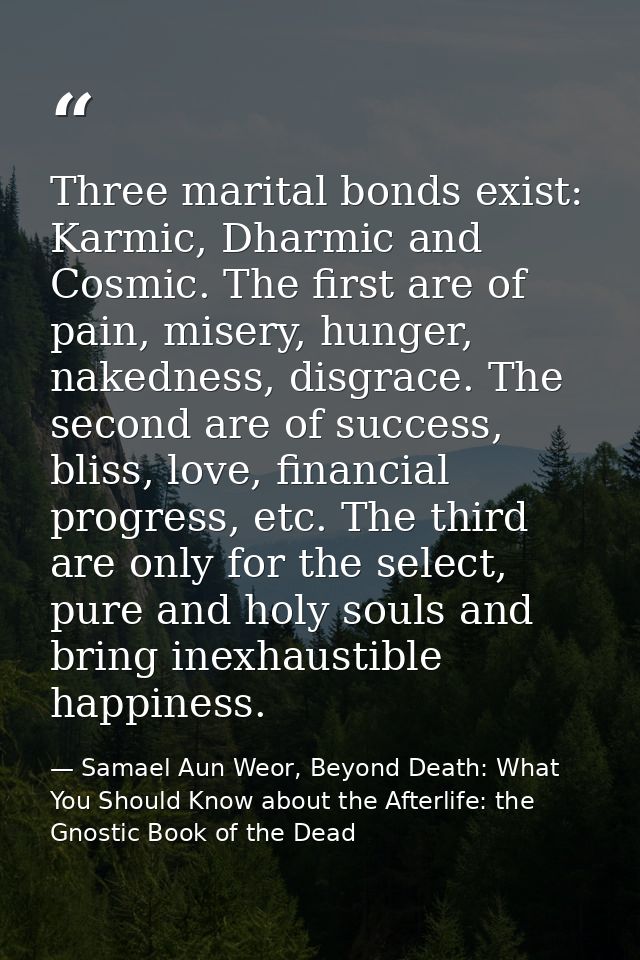 Three marital bonds exist: Karmic, Dharmic and Cosmic. The first are of pain, misery, hunger, nakedness, disgrace. The s — Samael Aun Weor, Beyond Death: What You Should Know about the Afterlife: the Gnostic Book of the Dead