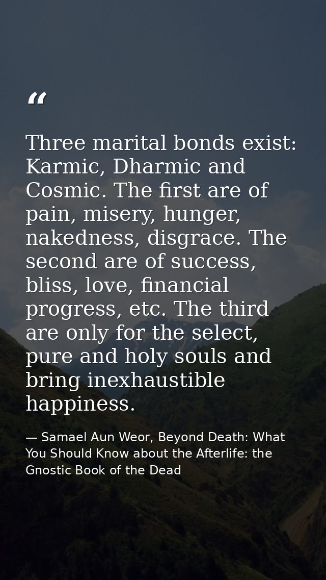 Three marital bonds exist: Karmic, Dharmic and Cosmic. The first are of pain, misery, hunger, nakedness, disgrace. The s — Samael Aun Weor, Beyond Death: What You Should Know about the Afterlife: the Gnostic Book of the Dead